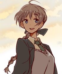 Rule 34 | 1girl, ahoge, bad id, bad twitter id, black bow, black jacket, blue eyes, bow, braid, brown hair, brown sweater, cloud, cloudy sky, commentary, dress shirt, green necktie, hair bow, hair tie, jacket, long hair, looking at viewer, lynette bishop, morning, necktie, open mouth, outdoors, shirt, single braid, sky, smile, solo, standing, strike witches, suo (sndrta2n), sweater, sweater vest, upper body, white shirt, wing collar, world witches series