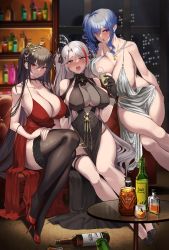 Rule 34 | 3girls, :d, :o, absurdres, alcohol, alternate costume, azur lane, bangs, bare arms, bare shoulders, black bow, black dress, black footwear, black gloves, black hair, black thighhighs, blue hair, blush, bow, breasts, champagne, choker, cleavage, collarbone, commentary request, crossed bangs, crossed legs, dress, drunk, earrings, full body, gloves, grey hair, hair between eyes, hair bow, hair ornament, high heels, highres, indoors, jewelry, kirome (kamipaper), large breasts, long hair, looking at viewer, mole, mole on breast, multicolored hair, multiple girls, necklace, official alternate costume, open mouth, parted lips, prinz eugen (azur lane), purple eyes, red choker, red dress, red footwear, red hair, side ponytail, sideboob, silver dress, sitting, smile, st. louis (azur lane), st. louis (luxurious wheels) (azur lane), streaked hair, taihou (azur lane), taihou (forbidden feast) (azur lane), thigh strap, thighhighs, thighs, window