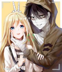 Rule 34 | 10s, 1boy, 1girl, absurdres, animal ears, bandages, black hair, blonde hair, blue eyes, brown eyes, brown jacket, fake animal ears, grin, hair between eyes, heterochromia, highres, hood, hooded jacket, isaac foster, jacket, long hair, looking at viewer, open clothes, open jacket, open mouth, rabbit ears, rachel gardner, satsuriku no tenshi, shirt, smile, sparkle, striped clothes, striped shirt, upper body, v, very long hair, white jacket, youtai (pixiv19763295)