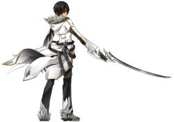 Rule 34 | 1boy, artist request, belt, black hair, black pants, blade master (elsword), closed mouth, coat, elsword, expressionless, full body, fur trim, gloves, hair over one eye, highres, holding, holding sword, holding weapon, hood, looking at viewer, looking back, male focus, official art, orange eyes, pants, raven cronwell, shoes, solo, standing, sword, transparent background, weapon, white coat, white gloves