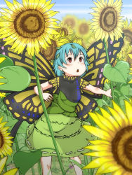 Rule 34 | 1girl, antennae, aqua hair, blush, brown eyes, butterfly wings, collarbone, dress, emanon (ice), eternity larva, fairy, flower, green dress, hair between eyes, highres, insect wings, leaf, leaf on head, multicolored clothes, multicolored dress, open mouth, short hair, short sleeves, solo, sunflower, touhou, wings, yellow flower