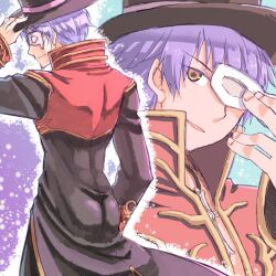 Rule 34 | 1boy, black coat, black headwear, closed mouth, coat, commentary request, cowboy shot, cross, cross necklace, eye mask, hat, holding, holding mask, jewelry, long sleeves, male focus, mask, multicolored coat, multiple views, necklace, open mouth, priest (ragnarok online), purple hair, ragnarok online, red coat, sakakura (sariri), short hair, smile, top hat, two-tone coat, upper body, yellow eyes