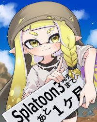 Rule 34 | 1girl, agent 3 (splatoon 3), amakusa setoka, asymmetrical hair, bike shorts, blonde hair, blue sky, blush, braid, closed mouth, cloud, day, eyebrow cut, hair tie, highres, holding, holding sign, inkling, inkling girl, inkling player character, long hair, looking at viewer, nintendo, pointy ears, shirt, sign, sky, sleeves past elbows, smile, solo, splatoon (series), splatoon 3, tentacle hair, torn clothes, torn shirt, white shirt, yellow eyes