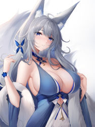 Rule 34 | 1girl, absurdres, ahoge, animal ear fluff, animal ears, azur lane, bare shoulders, blue collar, blue dress, blue eyes, breasts, cleavage, collar, covered erect nipples, detached collar, dress, feather boa, flower, fox ears, fox girl, fox tail, gradient background, grey hair, hair flower, hair ornament, halter dress, halterneck, highres, kitsune, kyuubi, large breasts, large tail, long hair, looking at viewer, low neckline, mole, mole under eye, multiple tails, official alternate costume, parted lips, piuta, shinano (azur lane), shinano (dreams of the hazy moon) (azur lane), sideboob, simple background, sleeveless, sleeveless dress, solo, tail, upper body, white background, white tail, wrist cuffs, wrist flower