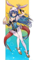 Rule 34 | 1girl, animal ears, blue eyes, blue hair, blush, bow, bowtie, covered navel, detached collar, fake animal ears, fire emblem, fire emblem awakening, fire emblem heroes, gloves, hair between eyes, highres, leotard, long hair, looking at viewer, lucina (fire emblem), lucina (spring) (fire emblem), nintendo, official alternate costume, open mouth, pantyhose, pikapika hoppe, playboy bunny, rabbit ears, rabbit tail, simple background, smile, solo, strapless, strapless leotard, tail
