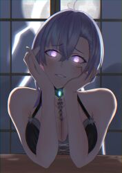 Rule 34 | 1girl, absurdres, black choker, black dress, blue brooch, breasts, choker, cleavage, collarbone, dress, elbows on table, full moon, ginrei shinoa, gradient hair, grey hair, hair between eyes, hands on own cheeks, hands on own face, happy hunter&#039;s haven, heart, heart-shaped pupils, highres, izume lz, large breasts, lightning, moon, multicolored hair, night, purple eyes, purple hair, solo, symbol-shaped pupils, virtual youtuber, yandere trance