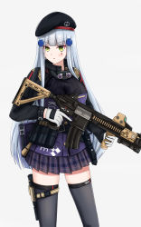 Rule 34 | 1girl, absurdres, assault rifle, bag, beret, black thighhighs, blue hair, blush, breasts, checkered clothes, checkered skirt, closed mouth, feet out of frame, girls&#039; frontline, gloves, gongbangmanchi (daisy cutter), green eyes, gun, h&amp;k hk416, hat, highres, hk416 (girls&#039; frontline), holding, holding weapon, holstered, long hair, looking at viewer, medium breasts, rifle, skirt, solo, standing, thighhighs, uniform, weapon, white background, white gloves