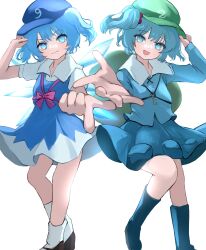 Rule 34 | 2girls, :d, absurdres, backpack, bag, black footwear, blue dress, blue eyes, blue footwear, blue headwear, blue shirt, blue skirt, boots, bow, cirno, closed mouth, collared shirt, commentary, cosplay, detached wings, dress, flat cap, green headwear, hair bobbles, hair ornament, hand on headwear, hat, highres, ice, ice wings, index finger raised, kawashiro nitori, kawashiro nitori (cosplay), key, looking at viewer, mikan (manmarumikan), multiple girls, open mouth, red bow, rubber boots, shirt, simple background, skirt, smile, socks, touhou, two side up, white background, white shirt, white socks, wings