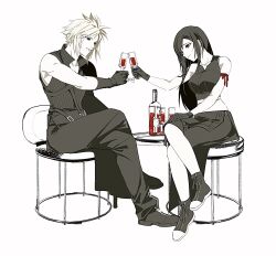 Rule 34 | 1boy, 1girl, absurdres, alcohol, apron, arm ribbon, baggy pants, bare shoulders, belt buckle, black apron, black footwear, black gloves, black hair, black pants, black shorts, black vest, blonde hair, blue eyes, bottle, breasts, buckle, closed mouth, cloud strife, collarbone, commentary, couple, crop top, crossed legs, cup, drinking glass, duoj ji, earrings, final fantasy, final fantasy vii, final fantasy vii advent children, full body, gloves, highres, holding, holding cup, jewelry, long hair, looking at another, medium breasts, midriff, on chair, pale skin, pants, popped collar, red eyes, red ribbon, ribbed shirt, ribbon, shirt, short hair, shorts, single bare shoulder, single earring, single shoulder pad, sitting, sleeveless, sleeveless shirt, smile, spiked hair, swept bangs, symbol-only commentary, tank top, tifa lockhart, toasting (gesture), twitter username, vest, waist apron, white background, white tank top