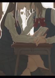 Rule 34 | 2girls, absurdres, book, bow, brown hair, desk, facing another, grey hair, highres, hoshizora no shita, imminent kiss, long sleeves, multiple girls, open mouth, original, out of frame, red bow, school desk, school uniform, sitting, yuri