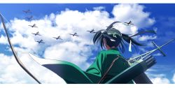 Rule 34 | 10s, 1girl, aircraft, airplane, arrow (projectile), bad id, bad nicoseiga id, black hair, blue sky, bow (weapon), cloud, day, from behind, hair ribbon, highres, holding, holding weapon, japanese clothes, kantai collection, kinosuke (sositeimanoga), long hair, quiver, ribbon, short hair, sky, solo, souryuu (kancolle), souryuu kai ni (kancolle), twintails, weapon, wind