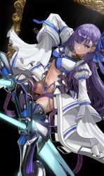 Rule 34 | 1girl, absurdres, armored boots, blue eyes, blue ribbon, boots, crotch plate, fate/extra, fate/extra ccc, fate/grand order, fate (series), highres, long hair, long sleeves, looking at viewer, meltryllis (fate), navel, prosthesis, prosthetic leg, purple hair, ribbon, sleeves past fingers, sleeves past wrists, smile, solo, yue zheng zhi yu
