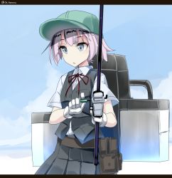 Rule 34 | 10s, 1girl, belt, blouse, blue eyes, buttons, cowboy shot, day, eyebrows, fishing rod, gloves, hat, heavens thunder (byakuya-part2), holding, holding fishing rod, kantai collection, letterboxed, neck ribbon, outdoors, pink hair, pleated skirt, pocket, ponytail, pouch, red ribbon, ribbon, school uniform, shiranui (kancolle), shirt, short sleeves, skirt, sky, solo, twitter username, vest, white gloves, white shirt