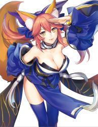 Rule 34 | 10s, 1girl, amg (nwmnmllf), animal ears, bare shoulders, blue ribbon, blue thighhighs, bow, breasts, cleavage, detached sleeves, fate/extra, fate (series), fox ears, fox tail, hair bow, hair ribbon, highres, large breasts, light smile, lips, long hair, looking at viewer, pink hair, purple bow, ribbon, salute, simple background, smile, solo, tail, tamamo (fate), tamamo no mae (fate/extra), thighhighs, white background, wide sleeves, yellow eyes