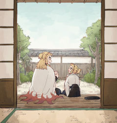 Rule 34 | 2boys, architecture, black hakama, blonde hair, brothers, cape, child, cup, day, demon slayer uniform, east asian architecture, flame print, forked eyebrows, hakama, hand up, holding, holding cup, japanese clothes, kimetsu no yaiba, long hair, long sleeves, looking at another, male focus, mofmai, multicolored hair, multiple boys, ponytail, porch, print cape, profile, red hair, rengoku kyoujurou, rengoku senjurou, shouji, siblings, sitting, sky, sliding doors, streaked hair, tatami, tray, tree, veranda, wall, white cape, yunomi