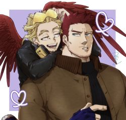 Rule 34 | 2boys, beard, black jacket, blonde hair, blue eyes, body markings, boku no hero academia, brown jacket, burn scar, costume, earrings, endeavor (boku no hero academia), eyewear on head, unworn eyewear, facial hair, facial scar, feathered wings, feathers, fingerless gloves, flirting, gloves, goatee, hawks (boku no hero academia), headphones, headphones around neck, heart, highres, holding, holding removed eyewear, jacket, jewelry, leaning on person, looking at another, mahoubin (totemo hot dayo), mature male, multiple boys, muscular, muscular male, mustache, open mouth, red feathers, red hair, rimless eyewear, scar, scar across eye, scar on cheek, scar on face, scar on mouth, short hair, sideburns, signature, size difference, spiked hair, stubble, stud earrings, sweater, tinted eyewear, toned, toned male, turtleneck, turtleneck sweater, very short hair, wings, yaoi, yellow eyes