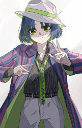 Rule 34 | 1girl, absurdres, belt, black skirt, blue coat, blue hair, bocchi the rock!, brown belt, bucket hat, closed mouth, coat, collared shirt, cowboy shot, green necktie, grey pants, hand up, hat, head tilt, highres, long sleeves, looking at viewer, mole, mole under eye, multicolored coat, natsugu72, necktie, open clothes, open coat, pants, pinstripe pattern, pinstripe shirt, purple coat, shade, shirt, shirt tucked in, short hair, skirt, smile, solo, sparkle, striped coat, tilted headwear, two-tone coat, vertical-striped coat, white background, white hat, yamada ryo, yellow eyes