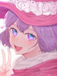 Rule 34 | 1girl, black clover, dorothy unsworth, hat, highres, looking at viewer, open mouth, pink hat, purple eyes, purple hair, smile, solo, witch hat