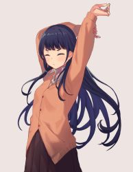 Rule 34 | 1girl, arms up, blush, breasts, brown background, brown cardigan, brown skirt, cardigan, closed eyes, closed mouth, collarbone, collared shirt, commentary request, facing viewer, fingernails, long hair, long sleeves, nail polish, original, peroncho, pleated skirt, purple hair, red nails, shirt, simple background, skirt, small breasts, solo, stretching, very long hair, white shirt