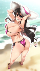 Rule 34 | 1girl, absurdres, alternate costume, armpits, arms behind back, arms behind head, arms up, ass, bare arms, bare legs, bare shoulders, beach, bikini, black hair, blush, breasts, choker, cleavage, commentary request, curvy, day, from behind, full body, grin, hands on headwear, hat, heart, heart choker, highres, huge breasts, kantai collection, long hair, looking at viewer, looking back, multicolored hair, naganami (kancolle), outdoors, pink bikini, pink hair, purple bikini, ribbon, sandals, side-tie bikini bottom, sideboob, skindentation, smile, solo, standing, straw hat, string bikini, sun hat, swimsuit, thighs, two-tone hair, water, wavy hair, white hat, yellow eyes, yoshi tama
