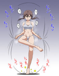 Rule 34 | 1girl, blue background, blush, breasts, brown hair, cleavage, collarbone, full body, gertrud barkhorn, grey sports bra, hiro yoshinaka, large breasts, looking at viewer, midriff, navel, open mouth, panties, simple background, solo, sports bra, strike witches, sweat, sweatdrop, twintails, underwear, white panties, world witches series, yellow eyes