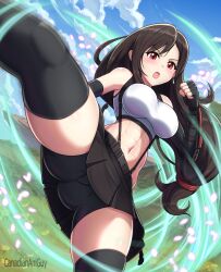 Rule 34 | 1girl, abs, ass, attack, bare shoulders, bike shorts, bike shorts under skirt, black gloves, black skirt, blue sky, blush, breasts, brown eyes, brown hair, canadiananiguy, cherry blossoms, elbow gloves, elbow pads, falling petals, final fantasy, final fantasy vii, final fantasy vii remake, fingerless gloves, gloves, gluteal fold, high kick, highres, incoming attack, kicking, incoming kick, large breasts, light blush, long hair, looking at viewer, low-tied long hair, midriff, miniskirt, navel, open mouth, outdoors, petals, pleated skirt, shorts, shorts under skirt, skirt, sky, solo, suspender skirt, suspenders, tank top, thighhighs, tifa lockhart, upskirt, white tank top, wind