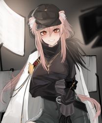 Rule 34 | 1girl, absurdres, animal ears, arknights, belt, black gloves, black shirt, brown eyes, cape, gloves, gravel (arknights), gravel (modeling night) (arknights), hat, highres, jewelry, ka keo, long hair, necklace, official alternate costume, open mouth, pink hair, shirt, smile, white cape