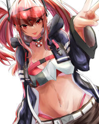 Rule 34 | 1girl, :p, azur lane, belt, bikini, black choker, black shorts, blue jacket, blush, breasts, bremerton (azur lane), buckle, choker, cleavage, collarbone, commentary request, crop top, crop top overhang, dutch angle, ear piercing, eyewear on head, groin, hair between eyes, hair intakes, hair ornament, highleg, highleg bikini, highres, hood, hood down, hooded jacket, jacket, large breasts, lifebuoy ornament, long hair, long sleeves, looking at viewer, midriff, mole, mole on breast, mole under eye, multicolored hair, navel, navel piercing, open clothes, open jacket, piercing, pink bikini, pink eyes, pink hair, red-tinted eyewear, shirt, short shorts, shorts, sidelocks, simple background, skindentation, smile, snap-fit buckle, solo, standing, streaked hair, sunglasses, swimsuit, tinted eyewear, tongue, tongue out, twintails, two-tone shirt, underboob, upper body, v, white background, white belt, yagi (yagi5art)