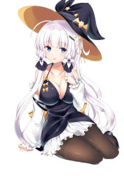 Rule 34 | 1girl, absurdres, arashiki mamizu, arm support, azur lane, black pantyhose, blue eyes, blush, breasts, cleavage, collarbone, commentary request, detached sleeves, dress, frilled dress, frilled sleeves, frills, hair ribbon, halter dress, halterneck, hat, highres, illustrious (azur lane), isuzu (azur lane), isuzu (night of fairy tale) (azur lane), large breasts, long hair, looking at viewer, mole, mole under eye, open mouth, pantyhose, purple dress, ribbon, sidelocks, simple background, sitting, smile, solo, thighband pantyhose, white background, white hair, witch hat, yokozuwari