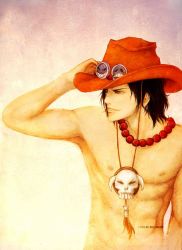 Rule 34 | 1boy, abs, artist name, beads, black hair, cowboy hat, false delusion, freckles, hand on headwear, hat, jewelry, long hair, male focus, muscular, necklace, nipples, one piece, pirate, portgas d. ace, sad face, topless male, skull, smiley, smiley face, solo, stampede string, tattoo, yellow eyes