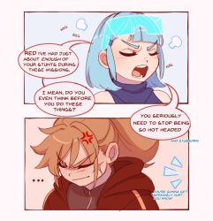 Rule 34 | 2girls, 2koma, absurdres, anger vein, annoyed, bitty blue (cudlil), black shirt, comic, commentary, cudlil, english commentary, english text, eyewear on head, facial scar, highres, hood, hood down, hoodie, multiple girls, open mouth, original, red hoodie, red rider (cudlil), scar, scar on cheek, scar on face, shirt, short hair, speech bubble, v-shaped eyebrows