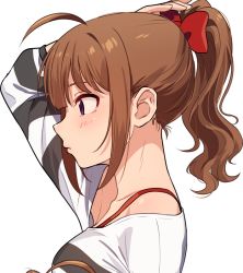 Rule 34 | 1girl, adjusting hair, ahoge, alternate hairstyle, black shirt, bow, bra strap, brown hair, closed mouth, commentary, hair bow, idolmaster, idolmaster million live!, kamille (vcx68), light frown, long hair, medium hair, off-shoulder shirt, off shoulder, ponytail, purple eyes, red bow, shirt, sidelocks, simple background, solo, striped clothes, striped shirt, white background, yokoyama nao