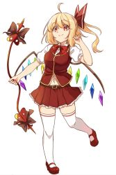 Rule 34 | 1girl, ahoge, blonde hair, bow, embellished costume, flandre scarlet, gold trim, laevatein (touhou), looking at viewer, mary janes, moja (moja4192), navel, red bow, red footwear, shoes, simple background, skirt, smile, solo, thighhighs, touhou, white background, wings