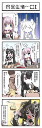 Rule 34 | 2girls, 4koma, :3, animal, ascot, black hair, blue eyes, blush stickers, bow, bowtie, box, burger, cardboard box, chinese text, coat, comic, commentary request, computer, controller, eating, fatkewell, ferret, food, game controller, girls&#039; frontline, gloves, hair bun, heart, highres, midriff, monitor, multiple girls, ouroboros (girls&#039; frontline), red eyes, side ponytail, single hair bun, spoken heart, tears, traditional chinese text, translation request, twintails