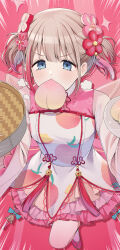 Rule 34 | 1girl, absurdres, alternate costume, alternate hairstyle, bamboo steamer, blue eyes, brown hair, chinese clothes, commentary, dress, flower, food, food in mouth, frilled dress, frills, fruit, hair flower, hair ornament, highres, holding, holding bamboo steamer, holding plate, idolmaster, idolmaster shiny colors, juu 10, light blush, looking at viewer, mouth hold, multicolored clothes, multicolored dress, peach, pink dress, pink footwear, plate, red background, serizawa asahi, short twintails, simple background, solo, symbol-only commentary, twintails, v-shaped eyebrows, white dress