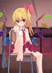 Rule 34 | 1girl, bare arms, bare legs, bare shoulders, barefoot, chair, clothes lift, curtains, feet, feet on chair, flandre scarlet, hair ribbon, indoors, leg up, looking at viewer, necktie, no panties, noa (nagareboshi), red eyes, ribbon, shirt, side ponytail, sitting, skirt, skirt lift, sleeveless, sleeveless shirt, solo, toes, touhou, window, wings