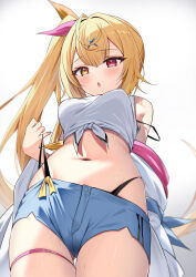 Rule 34 | 1girl, bare shoulders, blonde hair, blue shorts, double-parted bangs, equal (heartstrings), from below, hair between eyes, hair intakes, hair ornament, heterochromia, highres, hoshikawa sara, hoshikawa sara (1st costume), long hair, looking down, navel, nijisanji, open mouth, panty straps, red eyes, shirt, shorts, side ponytail, simple background, solo, stomach, strap slip, thigh strap, thighs, tied shirt, virtual youtuber, white background, white shirt, x hair ornament, yellow eyes