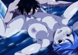 Rule 34 | black hair, blue hair, blush, breasts, fairy tail, gray fullbuster, highres, juvia lockser, large breasts, nipples, open mouth, pussy, uncensored