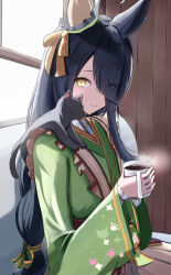 Rule 34 | 1girl, ahoge, animal, animal ears, apron, black cat, black hair, blush, brown eyes, brown skirt, cat, closed mouth, coffee mug, commentary request, cup, frilled apron, frills, green kimono, hair between eyes, holding, holding cup, horse ears, horse girl, horse tail, indoors, japanese clothes, kimono, long hair, long sleeves, manhattan cafe (umamusume), manhattan cafe (verdant night) (umamusume), mug, naname (nanameee 04), official alternate costume, official alternate hairstyle, pleated skirt, puffy long sleeves, puffy sleeves, shirt, skirt, solo, tail, umamusume, upper body, very long hair, waist apron, white apron, white shirt, wide sleeves, window