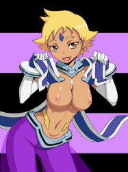 Rule 34 | 00s, 1girl, :d, armor, black background, blonde hair, bracer, breasts, breasts out, caryo, contrapposto, cowboy shot, dark-skinned female, dark skin, earrings, elbow gloves, facial mark, faulds, flashing, flipped hair, forehead mark, gloves, gorget, groin, hands up, happy, hip focus, jewelry, large breasts, leaning forward, lifting own clothes, looking at viewer, maya bryce, my-otome, nanashino, navel, nipples, open mouth, orange eyes, pants, purple background, see-through, shiny skin, short hair, smile, solo, standing, striped, striped background, stud earrings, undressing
