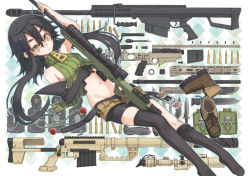 Rule 34 | 1girl, ai arctic warfare, anti-materiel rifle, argyle, argyle background, argyle clothes, barrett m82, belt, bike shorts, black thighhighs, bolt action, boots, bullet, bullet hole, combat knife, elbow gloves, gloves, gun, holding, knife, long hair, midriff, mitsue (satoma makoto), navel, open fly, original, outline, rifle, satoma makoto, scope, shoes, shorts, sniper rifle, solo, striped clothes, striped thighhighs, thighhighs, thighhighs pull, turtleneck, unworn shoes, unzipped, vertical stripes, weapon, weapon request, yellow eyes