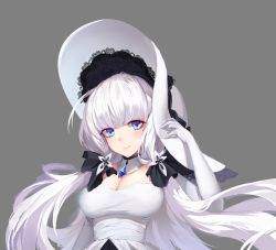 Rule 34 | 1girl, azur lane, blue eyes, blue gemstone, breasts, cleavage, detached collar, dress, elbow gloves, gem, gloves, grey background, hair ornament, hat, highres, illustrious (azur lane), large breasts, long hair, looking at viewer, simple background, solo, strapless, strapless dress, sun hat, very long hair, whisibusy, white dress, white gloves, white hair, white hat