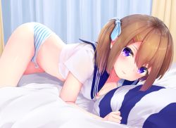Rule 34 | 1girl, :3, all fours, blue ribbon, blue sailor collar, blush, breasts, brown hair, cleavage, commentary request, crop top, curtains, hair ornament, hair ribbon, hairclip, highres, indoors, looking at viewer, no pants, original, panties, purple eyes, ribbon, sailor collar, school uniform, serafuku, shiny skin, side ponytail, small breasts, solo, striped clothes, striped panties, underwear, yuna rebun