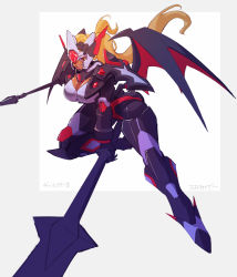 Rule 34 | 1girl, alternate hairstyle, alternate skin color, bat wings, border, breasts, cleavage, cosmikaizer, dark-skinned female, dark persona, dark skin, grey border, gyaru, highres, holding, holding sword, holding weapon, large breasts, long hair, mecha, mecha musume, one eye covered, outside border, parted lips, ponytail, purple eyes, robot, science fiction, smile, solo, super robot wars, super robot wars original generation, sword, valsione, weapon, white background, wings