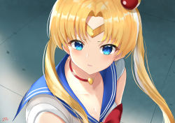 Rule 34 | 1girl, bishoujo senshi sailor moon, blonde hair, blue eyes, blue sailor collar, bow, breasts, choker, circlet, cleavage, collarbone, commentary request, crescent, crescent earrings, cyicheng, derivative work, earrings, hair over shoulder, heart, heart choker, jewelry, long hair, meme, red choker, sailor collar, sailor moon, sailor moon redraw challenge (meme), sailor senshi uniform, signature, solo, tsukino usagi, twintails, upper body