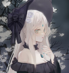 Rule 34 | 1girl, bare shoulders, black bow, black dress, black hat, bow, branch, breasts, choker, cleavage, collar, dress, expressionless, fingernails, flower, forehead jewel, frilled dress, frills, from side, gem, gothic lolita, grey eyes, hair flower, hair ornament, hand up, hat, hat bow, highres, iceblue, jewelry, lipstick, lolita fashion, long hair, long sleeves, looking at viewer, looking to the side, makeup, medium breasts, nail polish, off-shoulder dress, off shoulder, original, parted bangs, parted lips, ribbon, rose, sidelocks, sketch, solo, upper body, white flower, white hair, white rose, wide sleeves