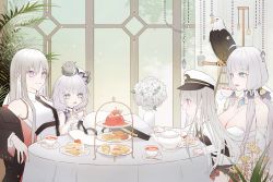 Rule 34 | 4girls, :d, absurdres, animal, animal on head, azur lane, bird, bird on head, black coat, blue eyes, breasts, cake, cake slice, cherry, coat, coat dress, collared shirt, cup, dress, eagle, elbow gloves, enterprise (azur lane), flower, food, fruit, gelatin, gloves, grey eyes, hat, highres, holding, holding cup, huge breasts, illustrious (azur lane), lace trim, large breasts, little enterprise (azur lane), little illustrious (azur lane), long hair, low twintails, military hat, multiple girls, necktie, on head, open mouth, overall skirt, peaked cap, plant, rose, see-through, shirt, sleeveless, smile, strapless, strapless dress, strawberry shortcake, sun hat, tea, teacup, teapot, tiered tray, tilted headwear, twintails, upper body, vase, very long hair, white dress, white flower, white gloves, white hair, white headwear, white rose, white shirt, xiaoli (1507), aged down