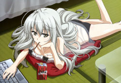 Rule 34 | 1girl, absurdres, ahoge, antenna hair, chemise, computer, cowboy shot, downblouse, feet out of frame, food, highres, kamimoto kanetoshi, kasugano sora, keyboard (computer), laptop, lingerie, long hair, lying, mouth hold, nyantype, official art, on stomach, panties, pillow, pocky, silver hair, solo, strap slip, table, underwear, very long hair, yosuga no sora