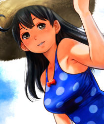 Rule 34 | 10s, 1girl, black hair, blue one-piece swimsuit, breasts, casual one-piece swimsuit, edih, hat, kantai collection, large breasts, lips, long hair, one-piece swimsuit, polka dot, polka dot swimsuit, smile, solo, sun hat, swimsuit, ushio (kancolle), yellow eyes