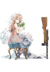 Rule 34 | 1girl, absurdres, bare shoulders, blonde hair, blue eyes, blush, bouquet, breasts, bridal veil, bride, detached sleeves, dress, flower, girls&#039; frontline, gloves, heels, highres, looking at viewer, looking to the side, medium breasts, official alternate costume, sitting, smile, snowflakes, solo, stool, strapless, strapless dress, suomi (blissful mission) (girls&#039; frontline), suomi (girls&#039; frontline), tiara, veil, weapon, wedding dress, white dress, white gloves